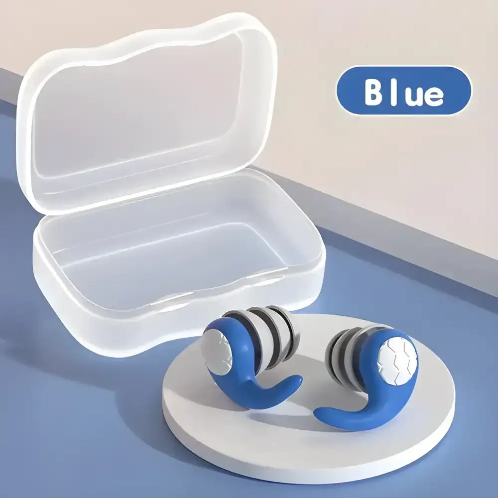 Blue soft silicone earplugs with case for triple-layer sound isolation and noise-canceling