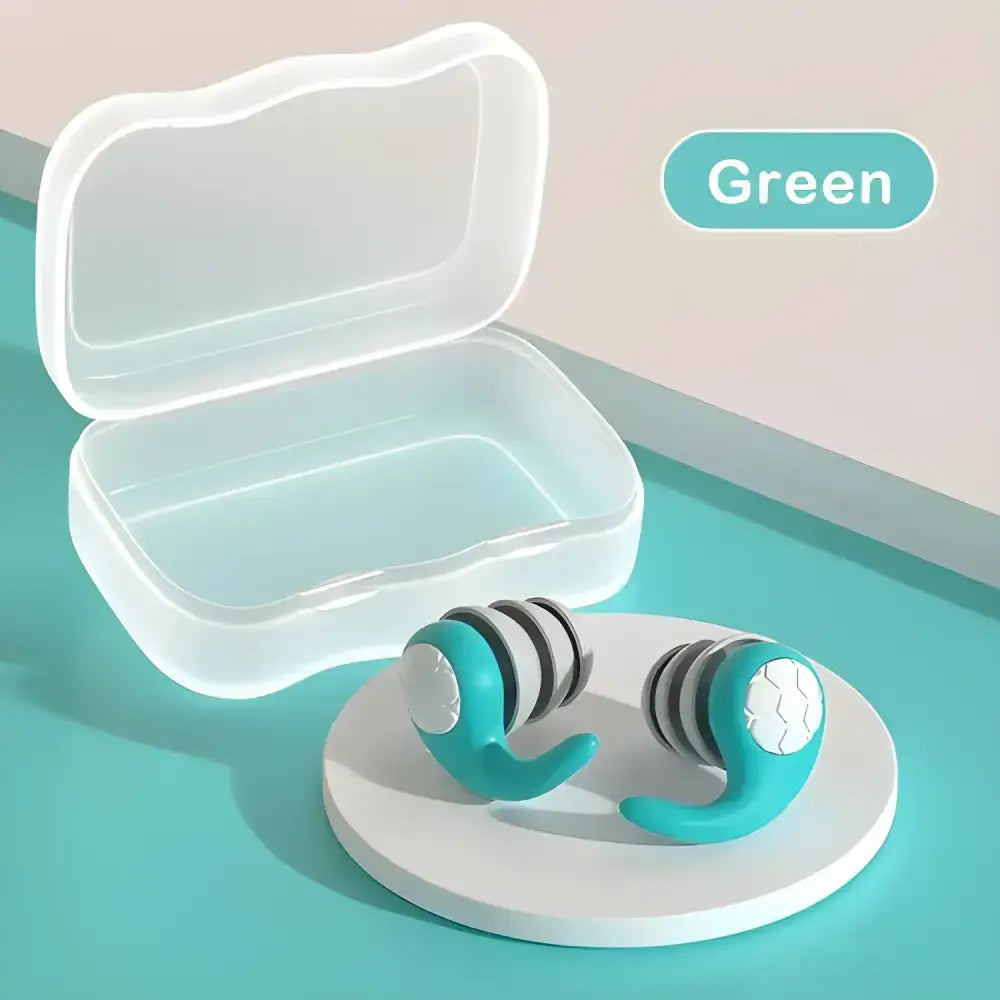 Green soft silicone earplugs in a clear case for triple-layer sound isolation