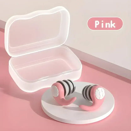 Pink soft silicone earplugs with a case for triple-layer sound isolation and noise-canceling