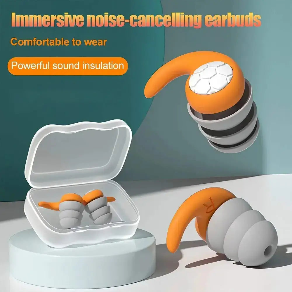 Orange and gray triple-layer silicone noise-canceling earbuds with carrying case