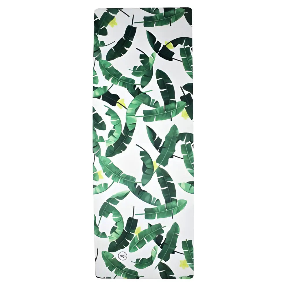 Rectangular Tropical Rubber Travel Yoga Mat with a banana leaf pattern in natural rubber