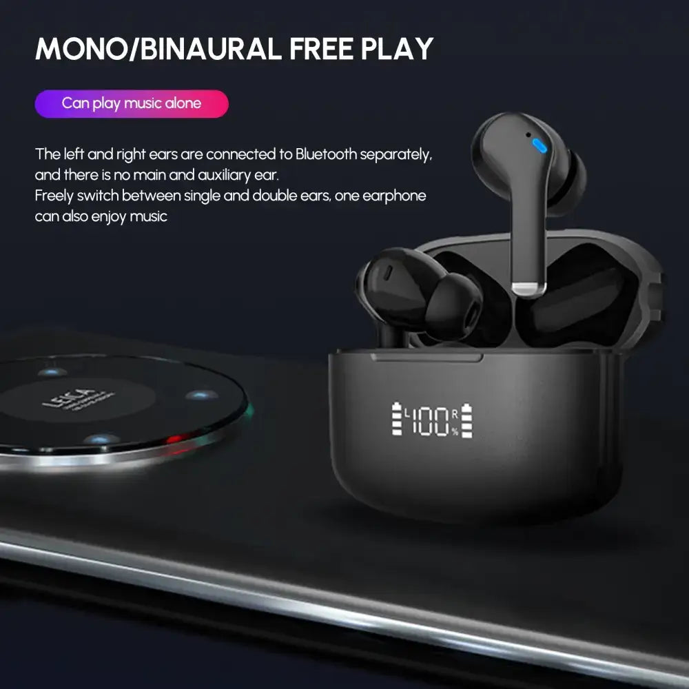 Black noise cancelling true wireless earbuds with sleek charging case