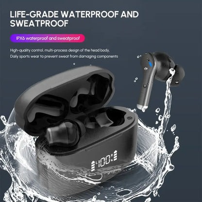 Black waterproof True Wireless Earbuds with charging case for noise cancelling audio