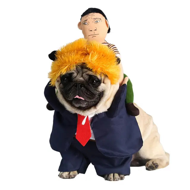 Funny Pug in a Donald Trump Halloween Cosplay Suit for cute dog clothes Halloween