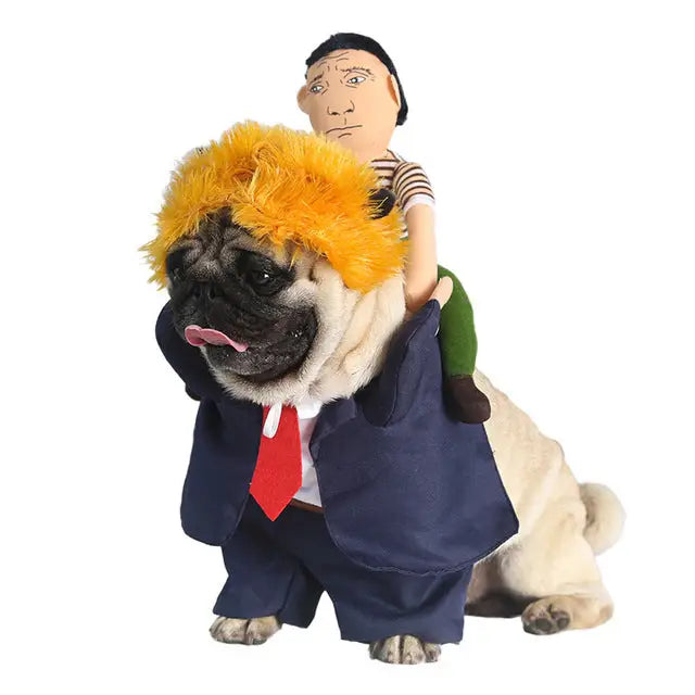 Pug in Trump costume with rider, perfect funny dog clothes for Halloween cosplay suit