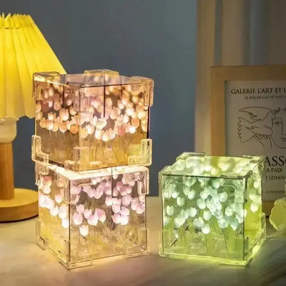 Illuminated tulip-patterned cube lights for Tulip Flower Sea Cube DIY project