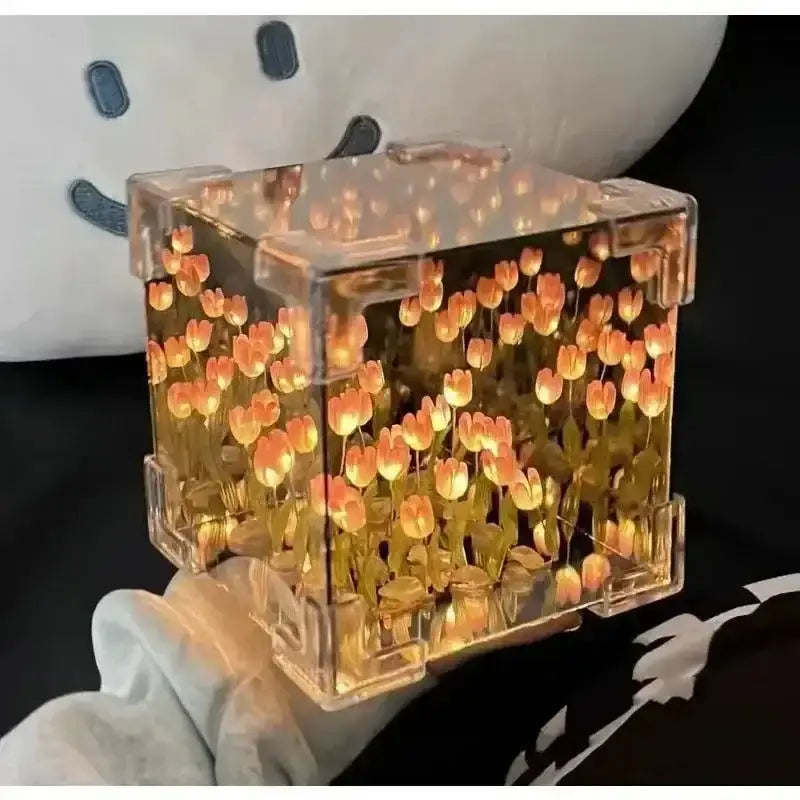 Illuminated cube filled with DIY creative tulips from Tulip Flower Sea design