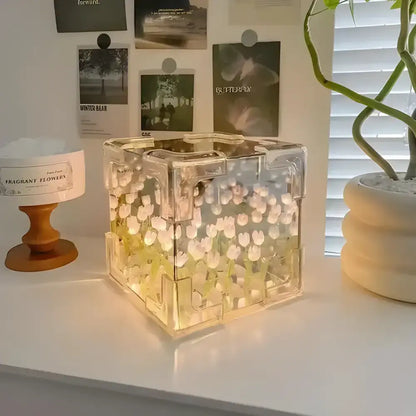 Illuminated transparent cube filled with white tulips for Tulip Flower Sea Cube DIY