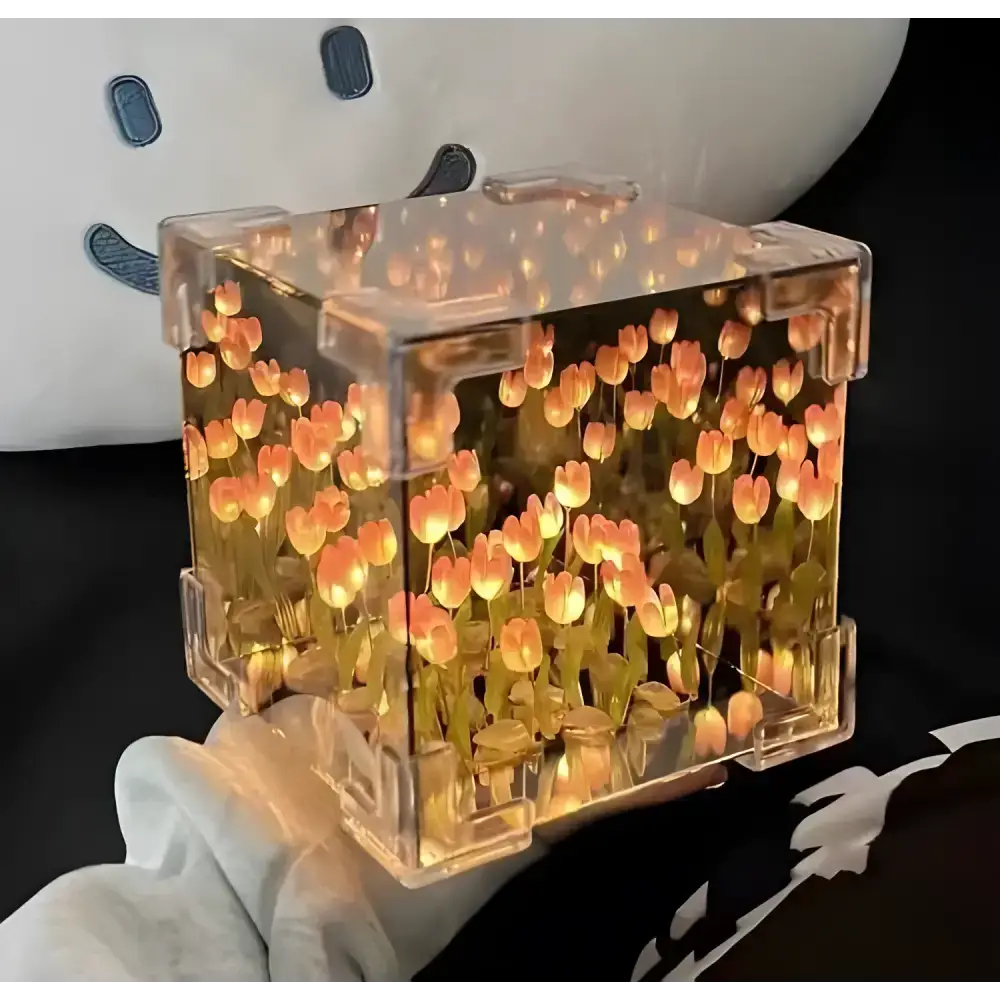 Illuminated tulip-filled cube from the Tulip Flower Sea Cube DIY project