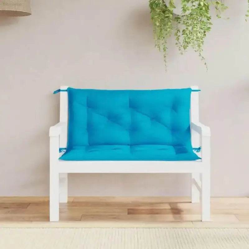 Turquoise Dream Bench: Coastal Bliss Awaits! Imagine Relaxing on your New White Wooden Bench, Adorned with Vibrant Blue and Turquoise Cushions. this Set Includes - Estalios