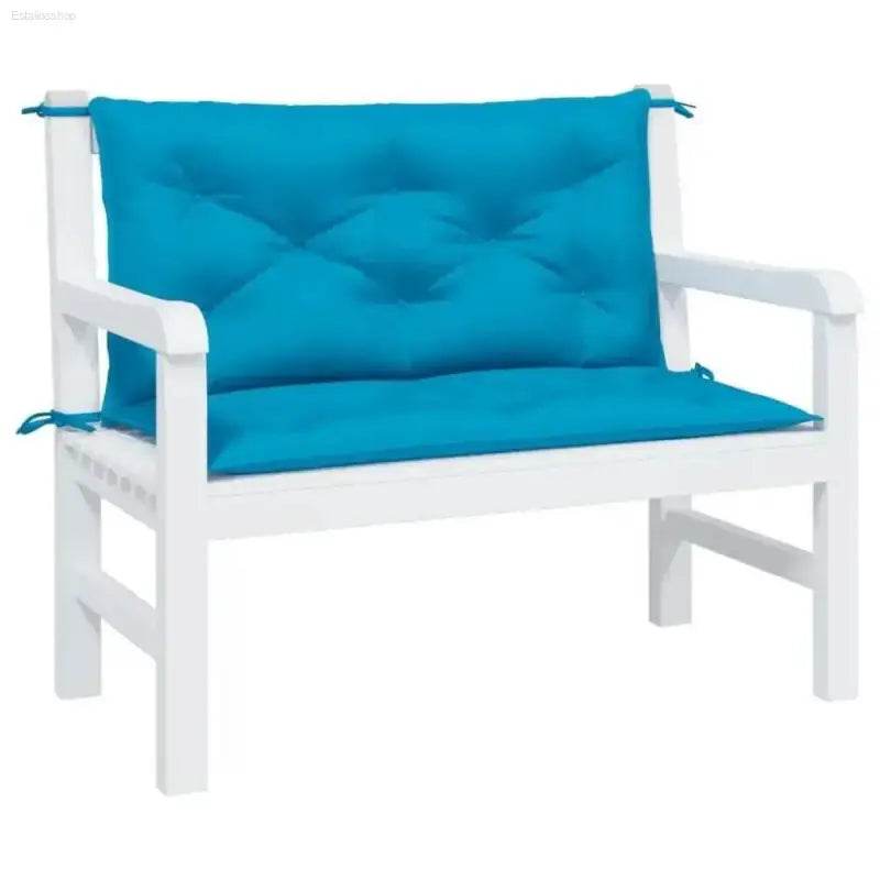 Turquoise Dream Bench: Coastal Bliss Awaits! Imagine Relaxing on your New White Wooden Bench, Adorned with Vibrant Blue and Turquoise Cushions. this Set Includes - Estalios