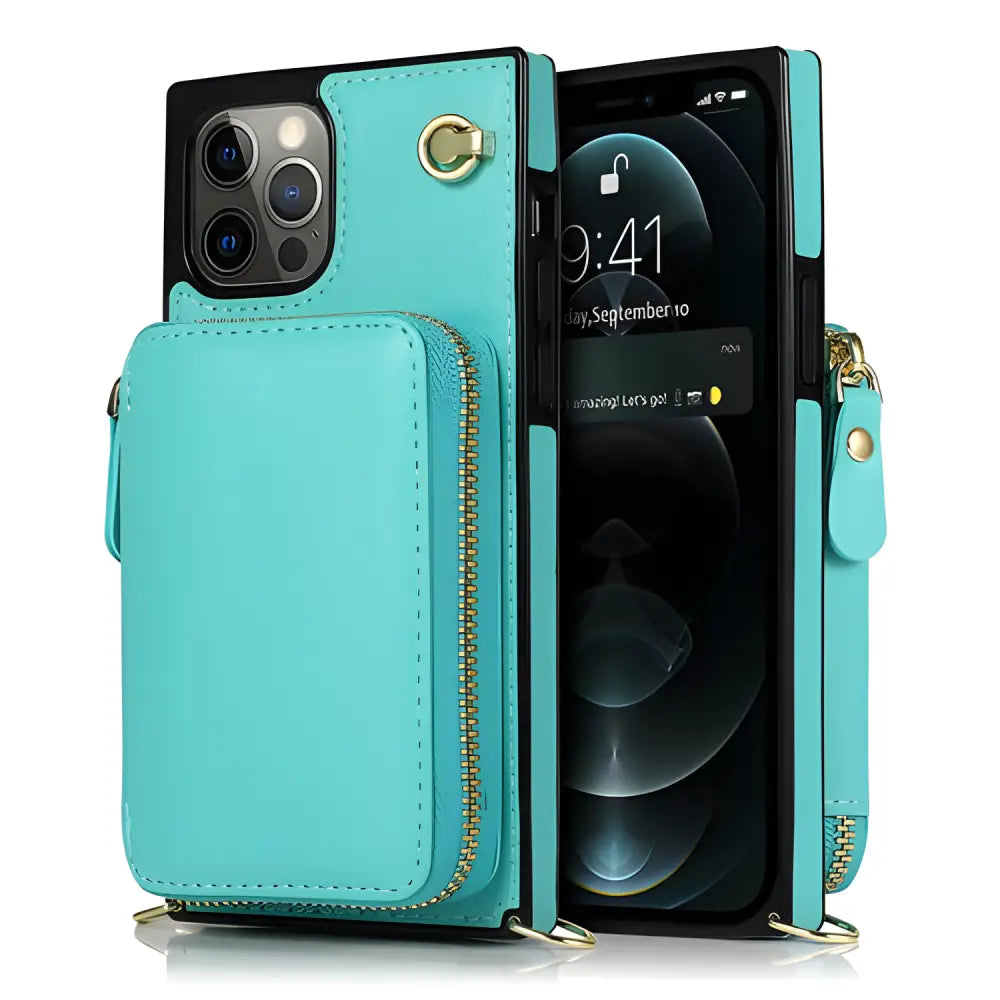 Turquoise Pro Max Zipper Wallet Case with adjustable crossbody strap for stylish convenience