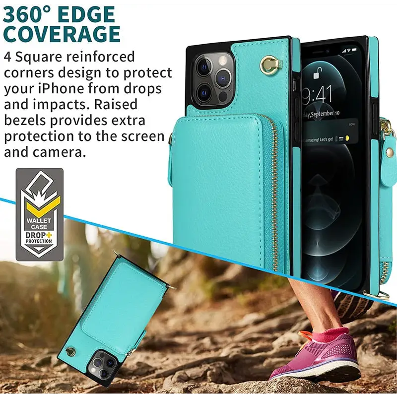 Turquoise Pro Max Zipper Wallet Case with adjustable crossbody strap for iPhone