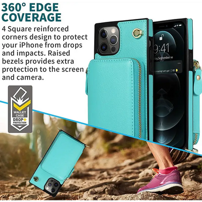 Turquoise Pro Max Zipper Wallet Case with adjustable crossbody strap for iPhone