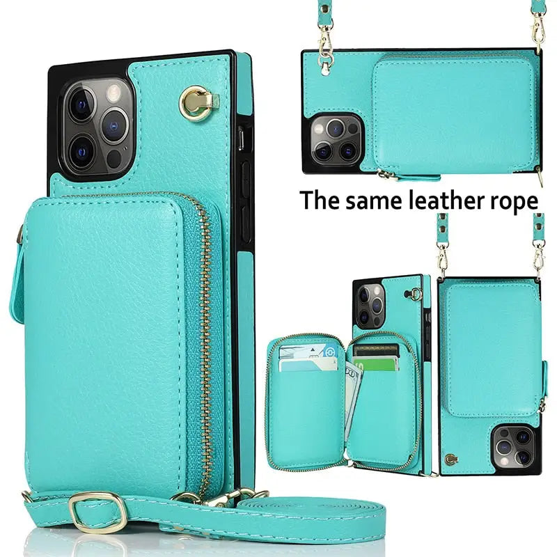 Turquoise Pro Max Zipper Wallet Case with adjustable crossbody strap for easy carry