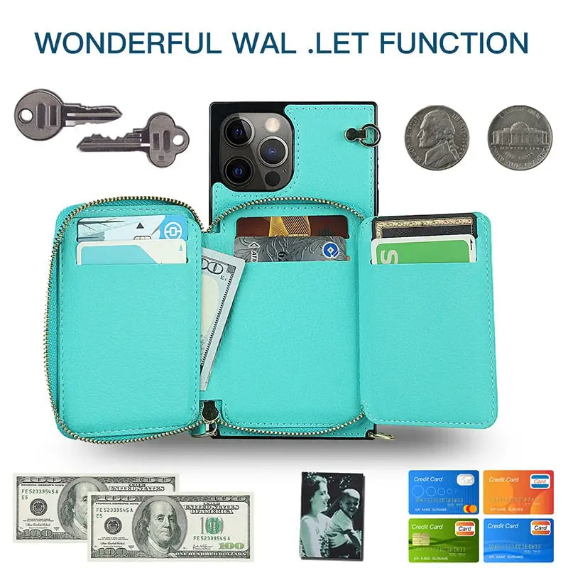 Turquoise Pro Max Zipper Wallet Case with adjustable crossbody strap for stylish convenience