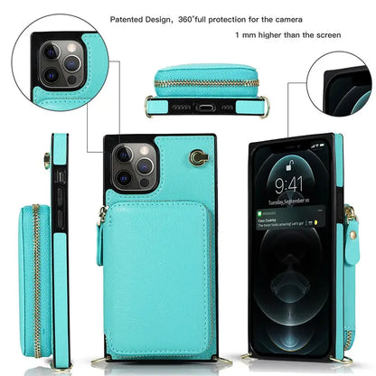 Turquoise Pro Max Zipper Wallet Case with adjustable crossbody strap for style and convenience