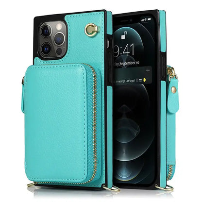 Teal phone case wallet with adjustable crossbody strap for Turquoise Pro Max