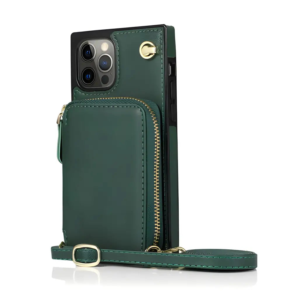 Stylish green wallet phone case with adjustable crossbody strap for Pro Max users