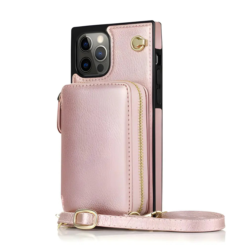 Pink Zipper Wallet Case for Pro Max with Adjustable Crossbody Strap