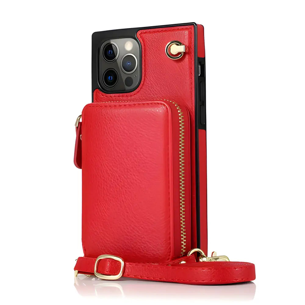 Red zipper wallet case with adjustable crossbody strap for Pro Max devices