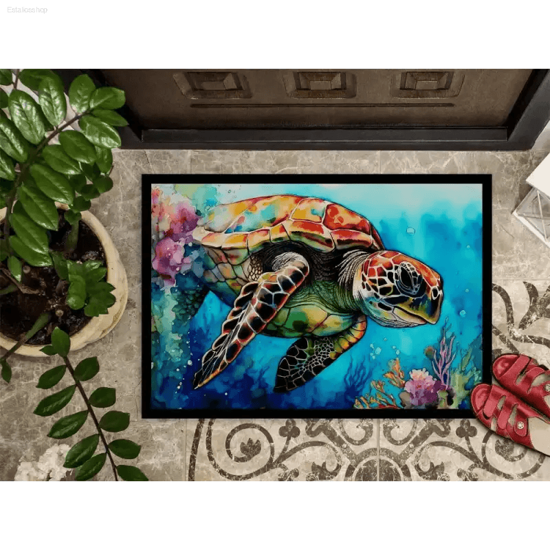 Turtle Tide Welcome: Dive into Style! Dive into coastal charm with our Sea Turtle Watercolor Doormat! This vibrant doormat brings a touch - Estalios