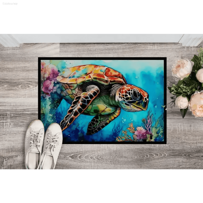 Turtle Tide Welcome: Dive into Style! Dive into coastal charm with our Sea Turtle Watercolor Doormat! This vibrant doormat brings a touch - Estalios