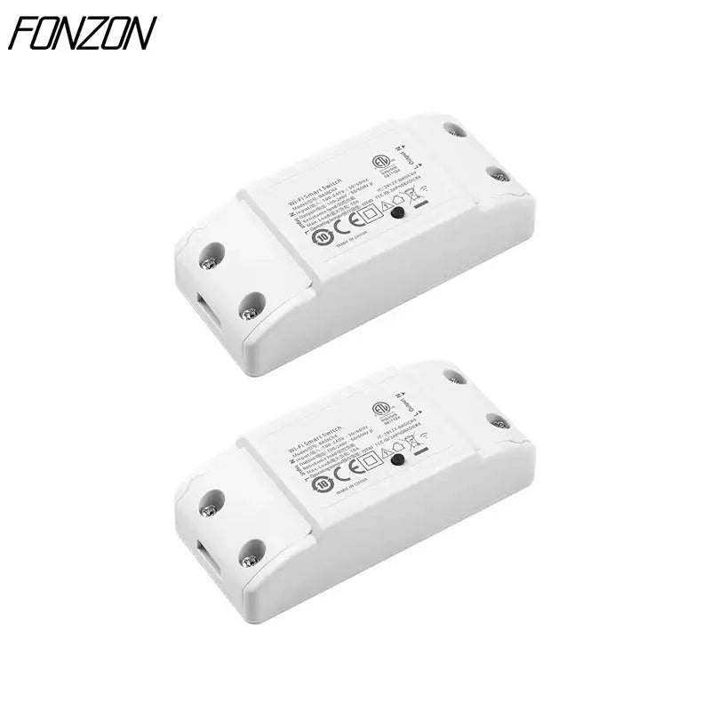 Two white Tuya R2 Smart WiFi light switch DIY modules for smart home automation