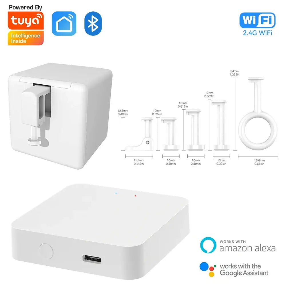 White Tuya Smart Home Finger Bluetooth devices showcased with a Button Pusher Bot