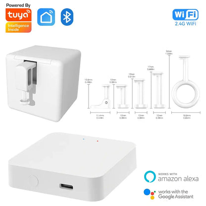 White Tuya Smart Home Finger Bluetooth devices showcased with a Button Pusher Bot