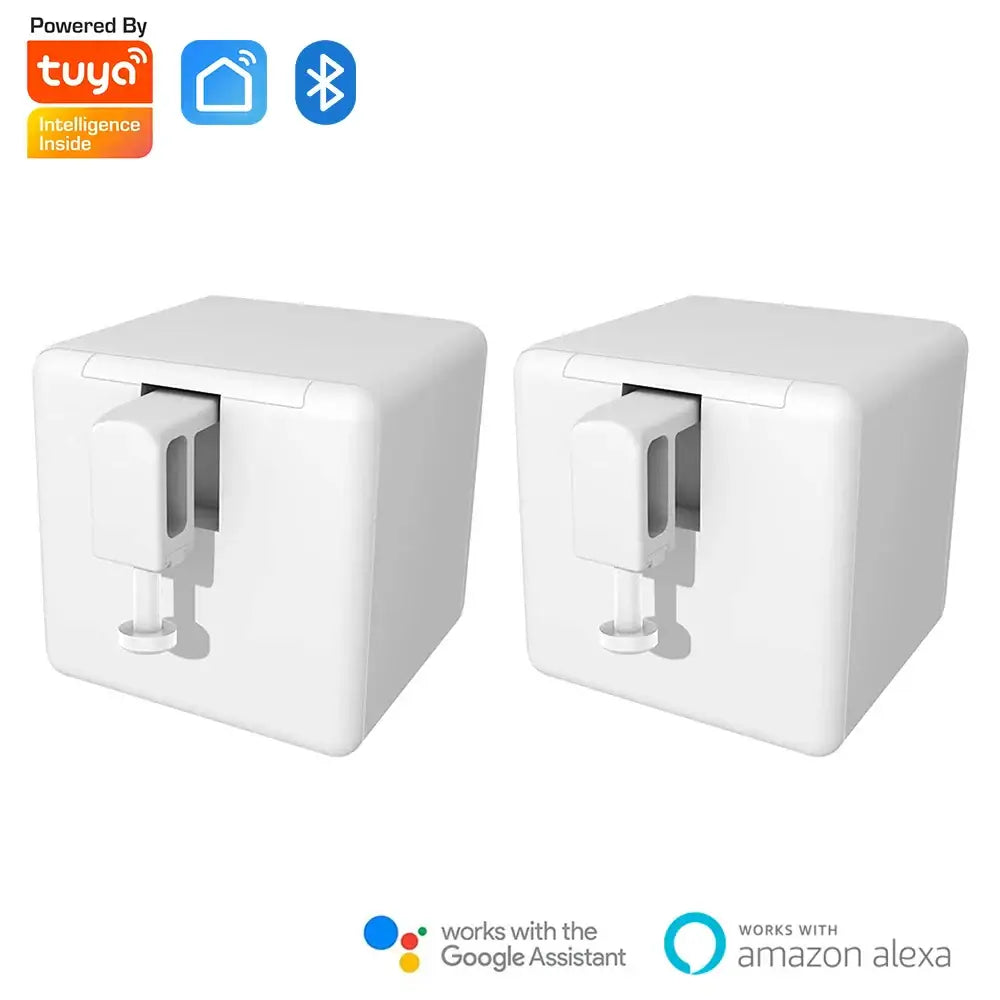 Two white Tuya Smart Home button pusher bots for voice control and remote timing