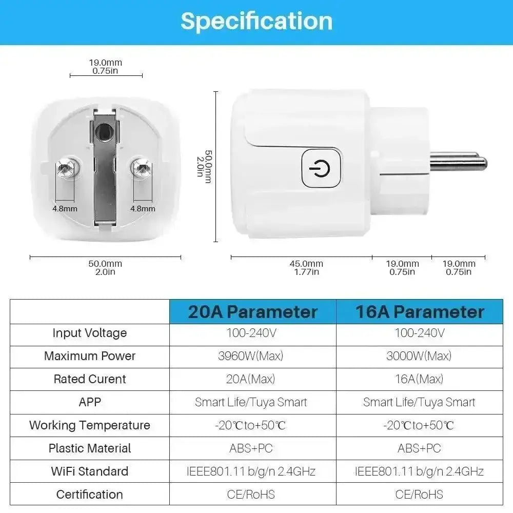 Tuya Smart WiFi Plug 16A 20A Socket with specs for a smart socket wifi experience