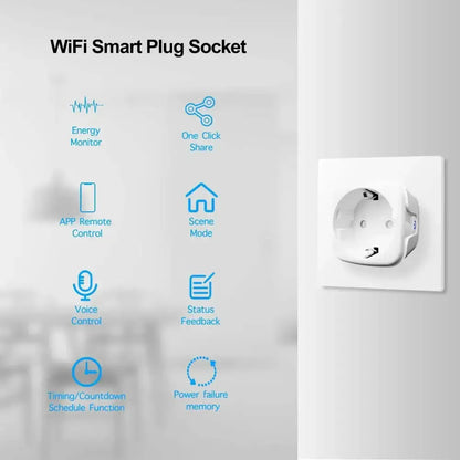 White Tuya Smart WiFi Plug 16A 20A Socket perfect for wireless smart home control