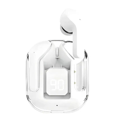 White TWS Wireless Bluetooth earbuds in a clear charging case for easy portability