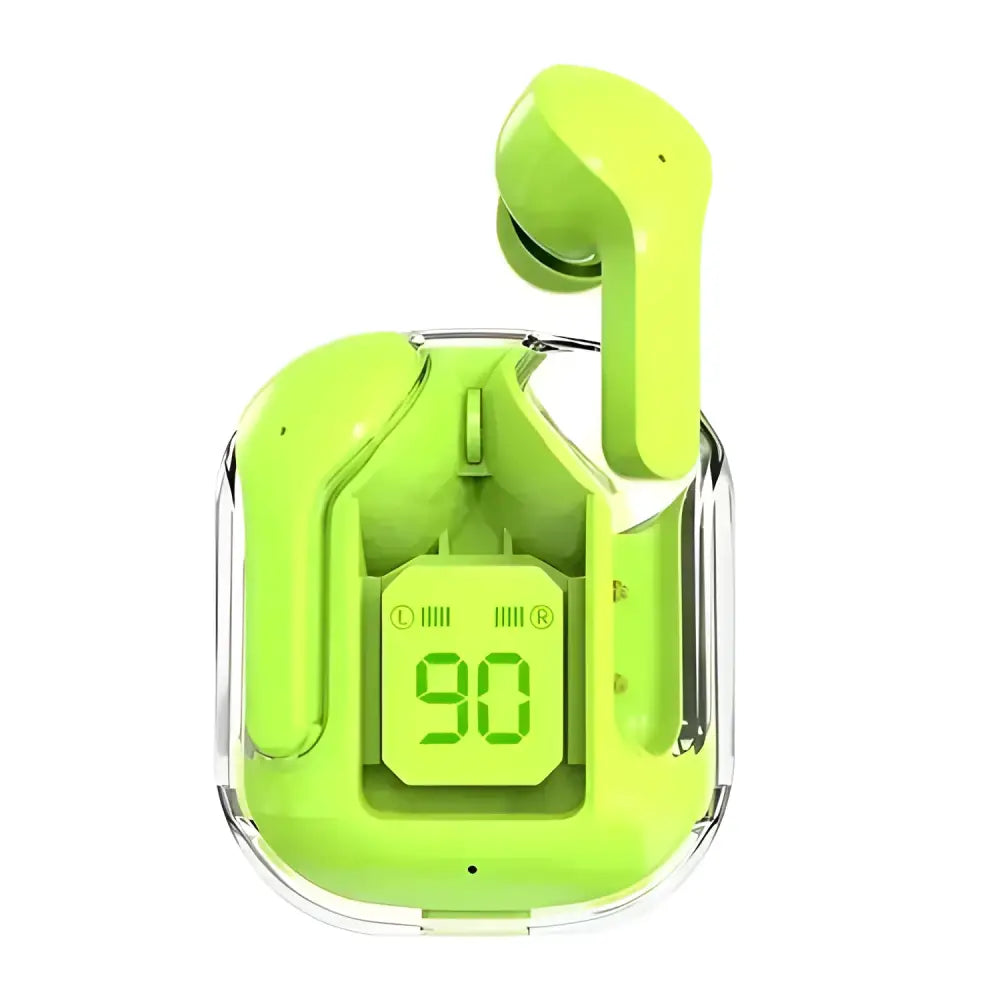 Lime green TWS Wireless Bluetooth earbuds in a clear charging case for style and sound