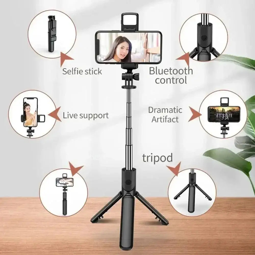 Black Ultimate 3in1 Wireless Selfie Stick Tripod with Light and remote for easy selfies