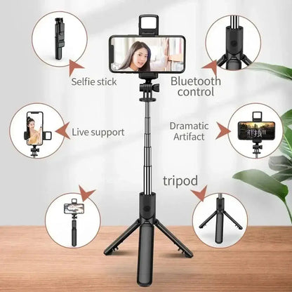 Black Ultimate 3in1 Wireless Selfie Stick Tripod with Light and remote for easy selfies