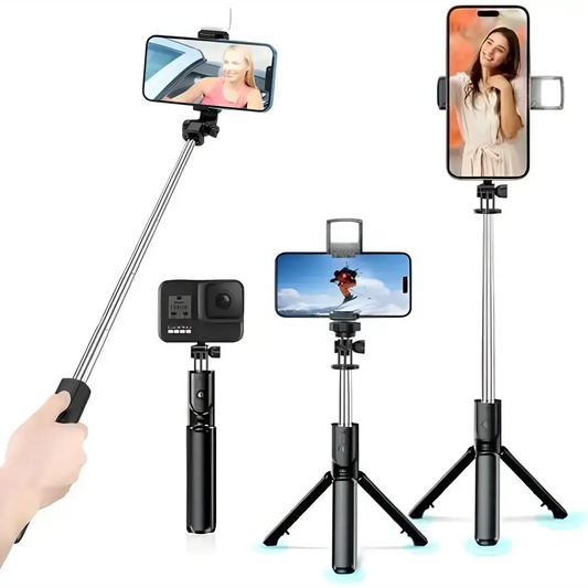 Versatile 3in1 Bluetooth wireless selfie stick tripod with light and shutter remote