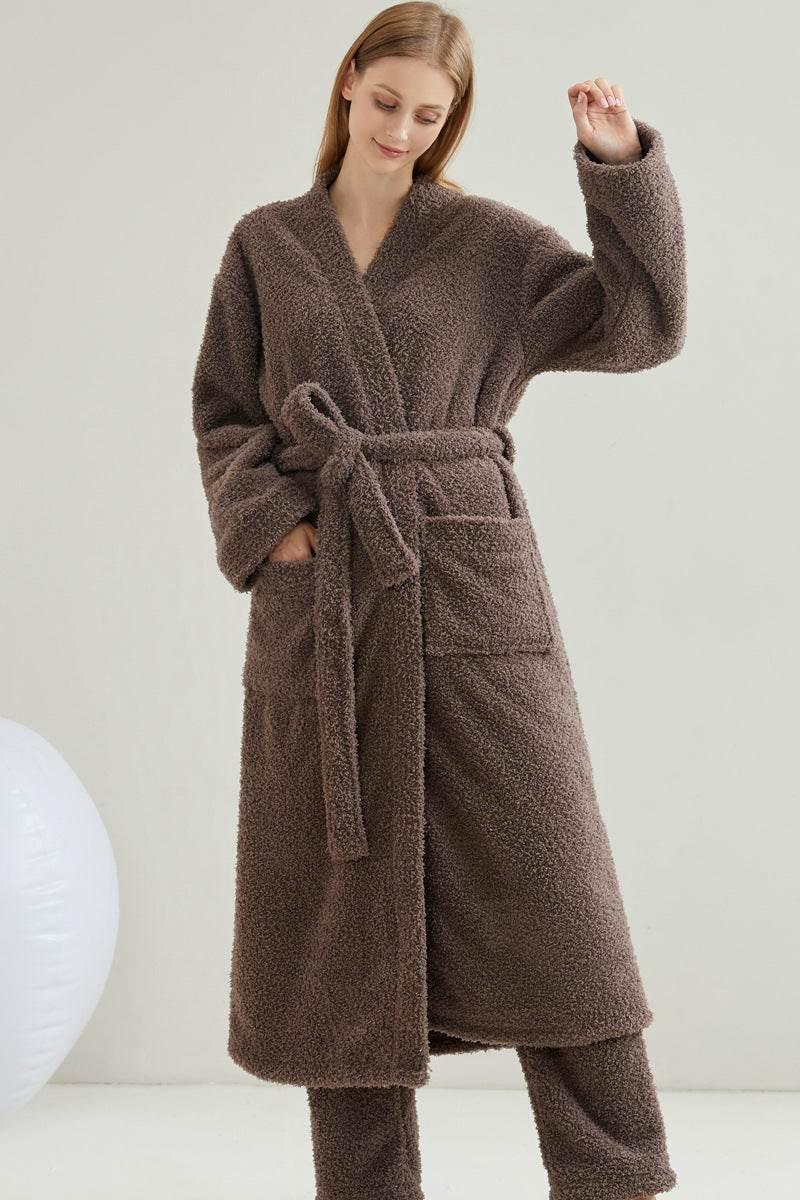 Ultimate Cozy Brown Fuzzy Robe and Pants Set - Estalios