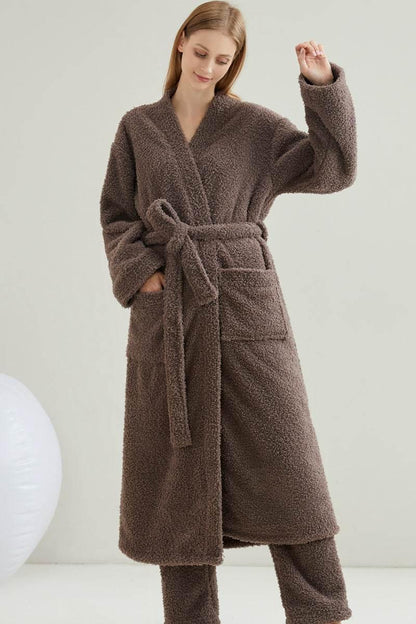 Ultimate Cozy Brown Fuzzy Robe and Pants Set - Estalios
