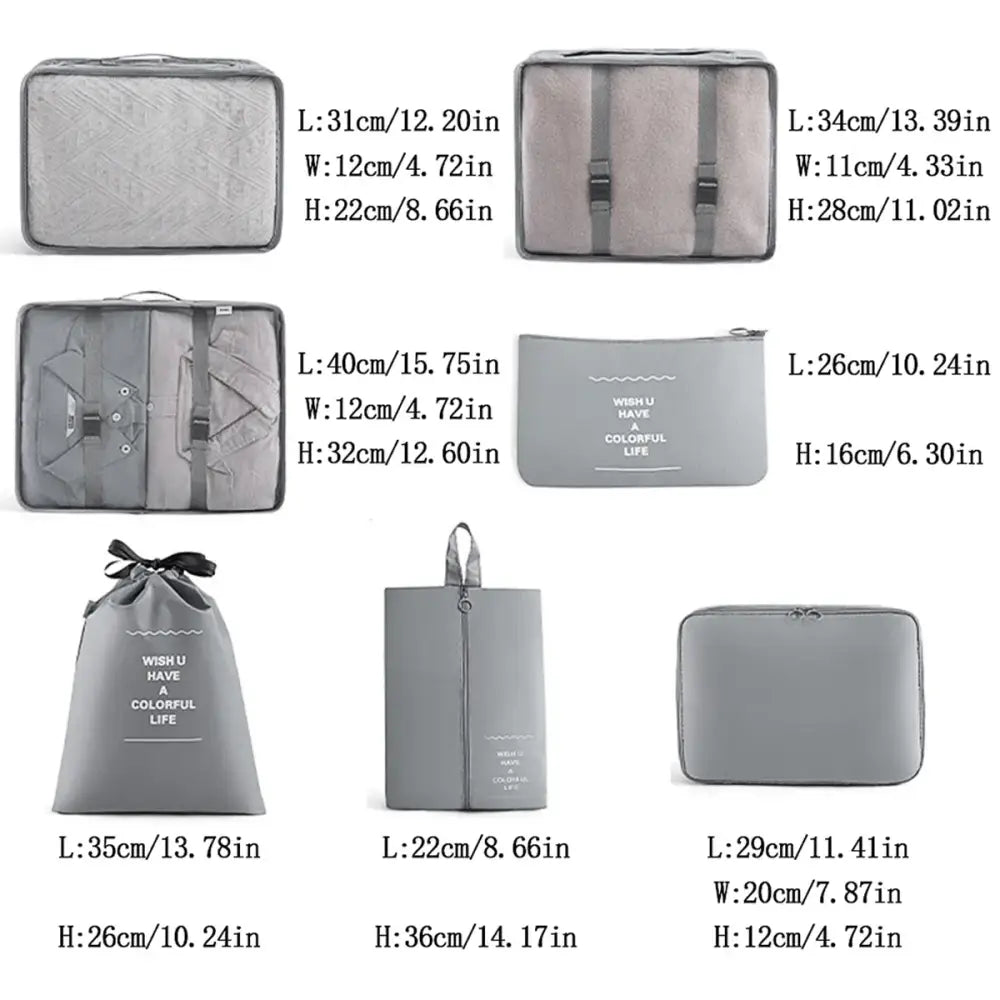 Gray packing cubes with dimensions from the Ultimate PCS Set Travel Organizer