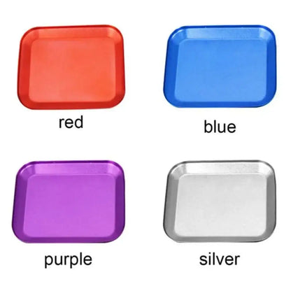 Four colorful serving trays from the Ultimate Repair Tool Aluminium Tray Set