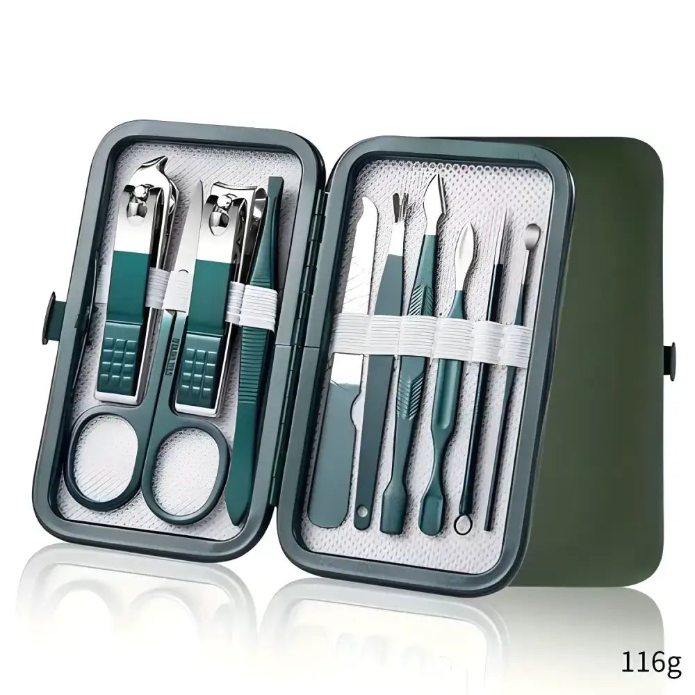 Open stainless steel manicure set in a green case from Ultimate Nail Care Kit