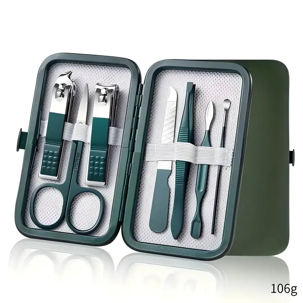 Green manicure set in case from Ultimate Stainless Steel 21 Piece Nail Care Kit