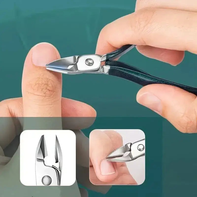 Cuticle nipper in action from the Ultimate Stainless Steel Nail Care Kit 21 Piece