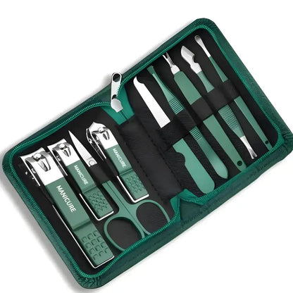 Open green Ultimate Stainless Steel 21 Piece Nail Care Kit showcasing sleek tools