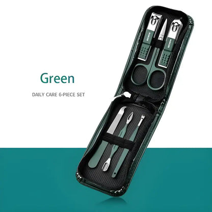 Green stainless steel manicure set in a sleek black case, perfect nail care kit