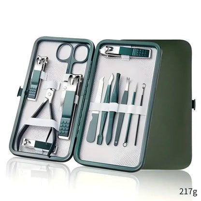 Open Ultimate Stainless Steel 21 Piece Nail Care Kit with various manicure tools