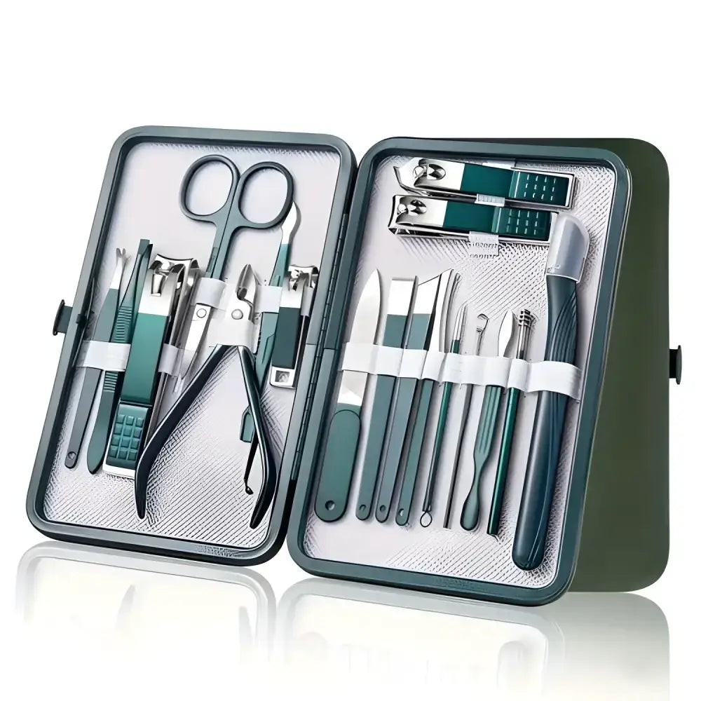 Open stainless steel manicure set in a green case from the Ultimate Nail Care Kit