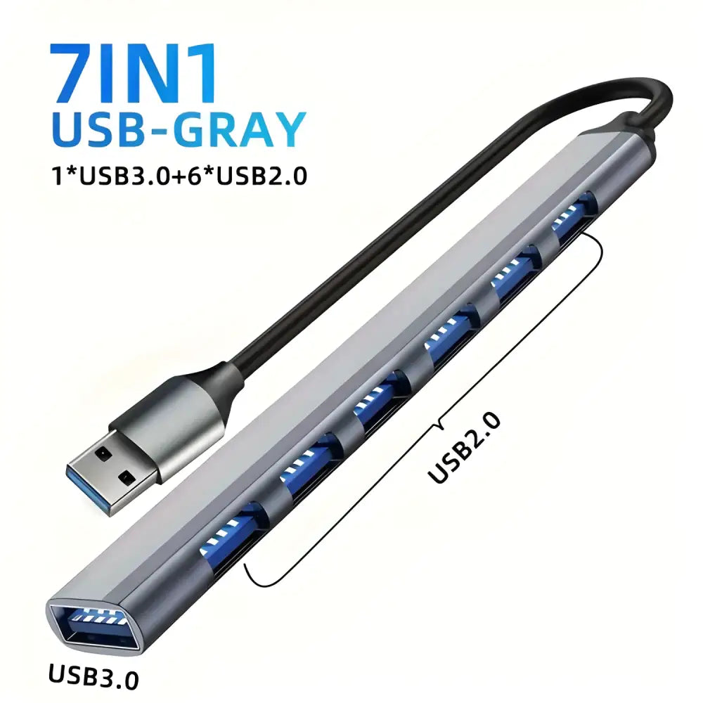 Gray seven-port USB hub from Ultimate USB C Hub Extender for easy device connectivity